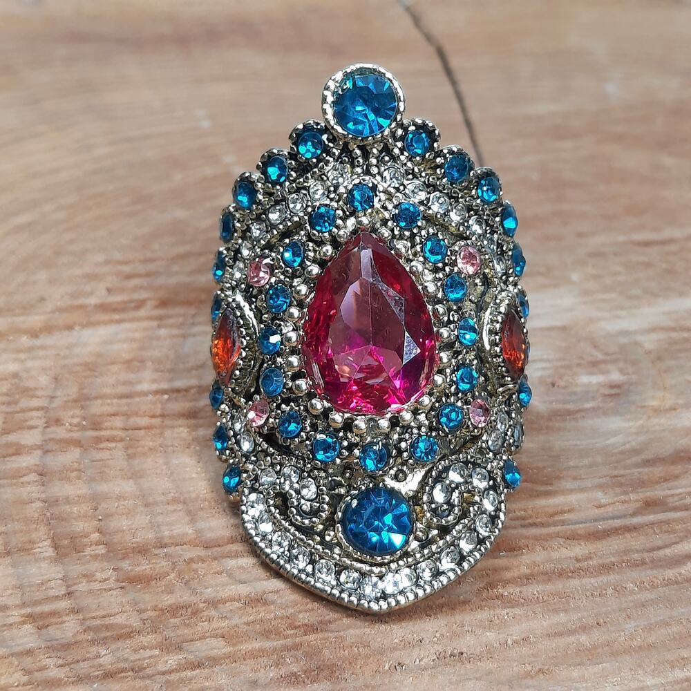 NWT Large Colorful Bohemian Statement Ring Women's Size 10 Gold Tone, Blue, Pink